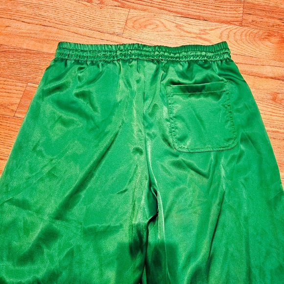 Green Satin Trousers Size L Elastic Tie Waist Wide Leg Casual or Dressy Colorful - Picture 6 of 6